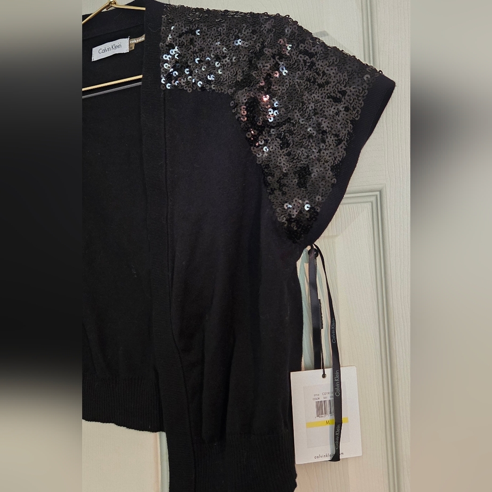 Calvin Klein Black Sequin Crop Cardigan Sweater Shrug - Picture 3 of 11